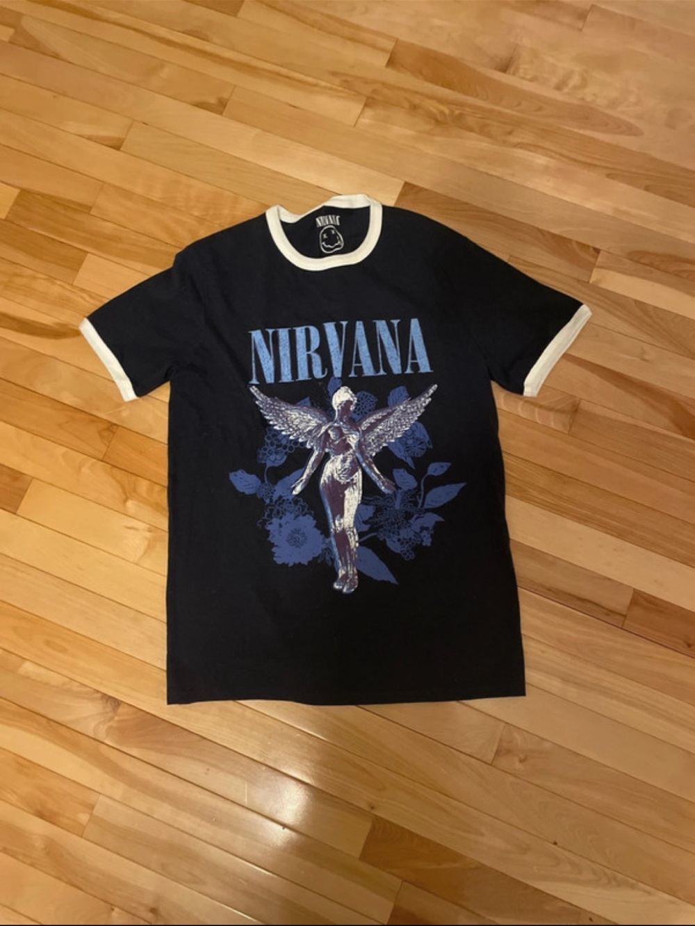 NIRVANA Black Ringer Tee with Blue Graphic
